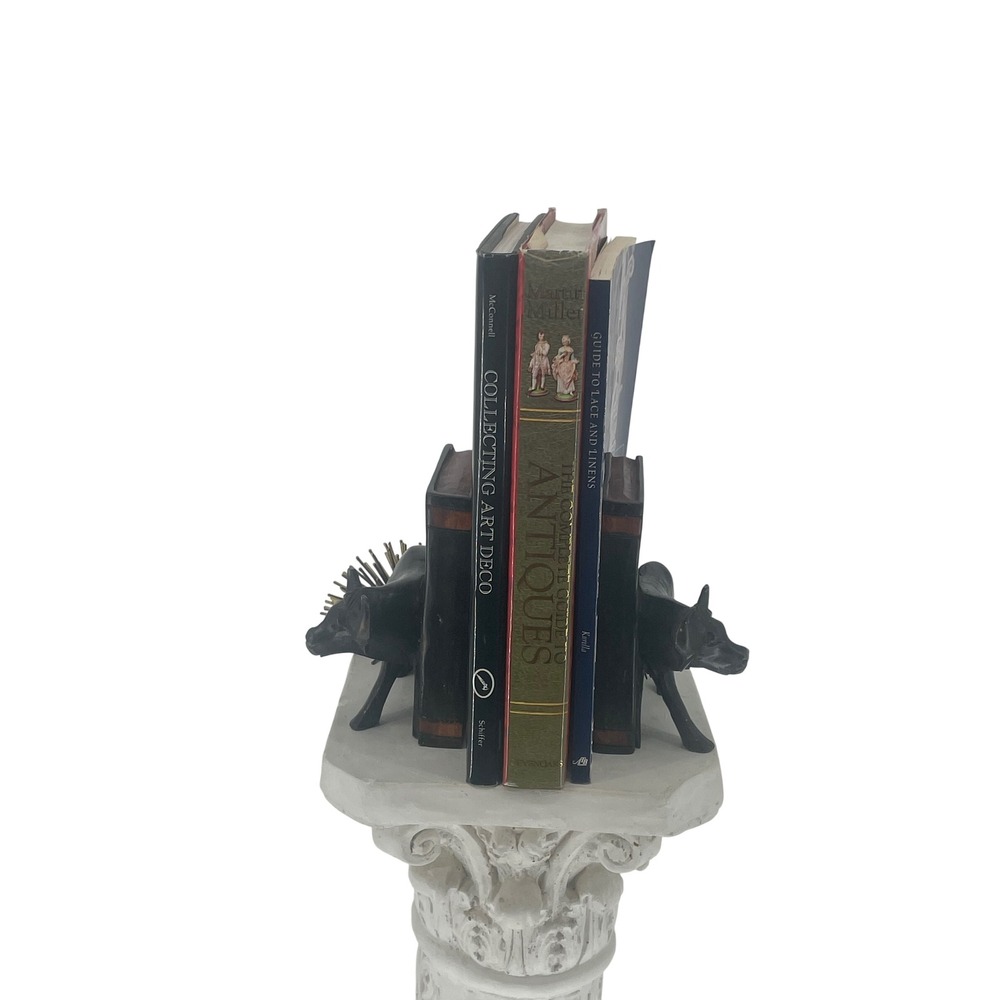 Vintage African Carved Wood Buffalo Bookends Pair Faux Book Inlaid Ebonized Wood